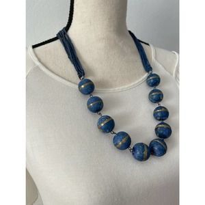 Vintage Blue Beads W Gold Accents and Multi Strand Chain Matinee Necklace GUC